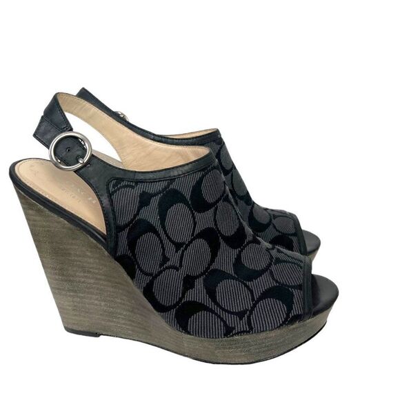 Coach Jackie Wedge Peep Toe Platforms Signature C Fabric Graphite & Black 8.5 B - Picture 1 of 11